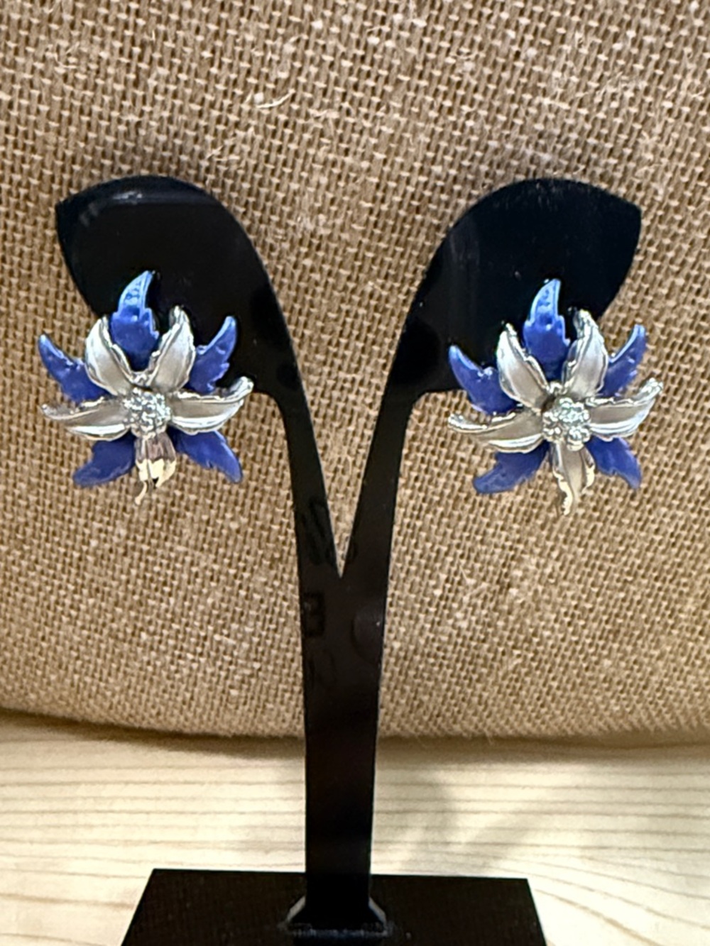 Fashion Jewelry Silver and Blue Floral Stud Earrings